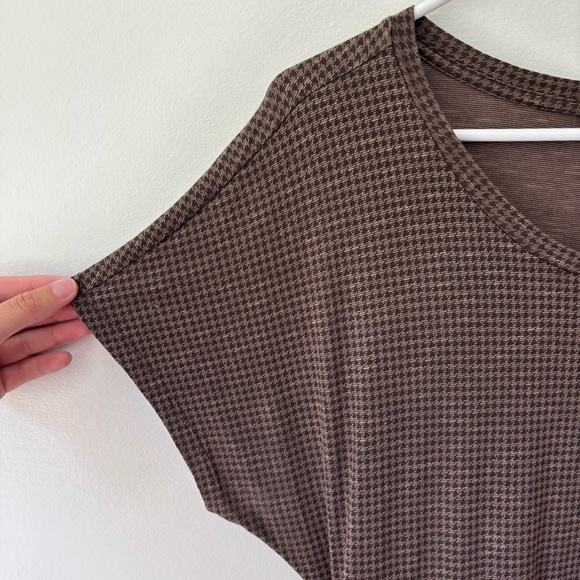 Toad&Co Brown Houndstooth Mini Wrap Dress Short Sleeve Scoop Neck Tie Waist - Picture 4 of 12